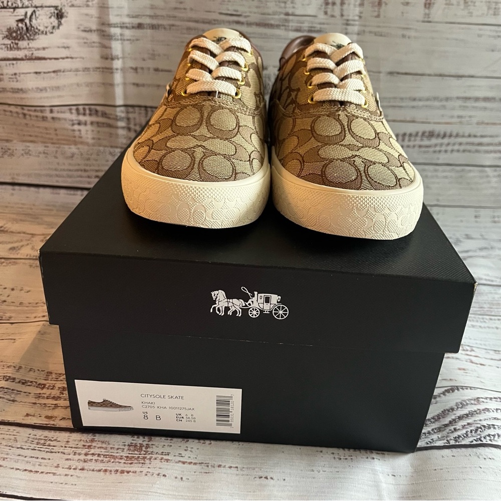 Coach Beige Monogram Low-Top Sneakers with White Soles - Picture 3 of 13